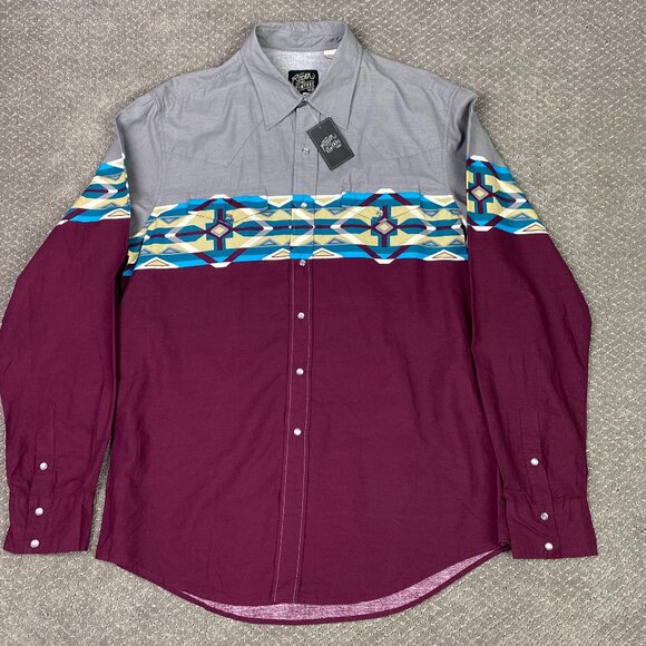 Roper Vintage Wear Shirt Men's Large Gray Burgundy Pearl Snap Wester Aztec NWT - Picture 1 of 13